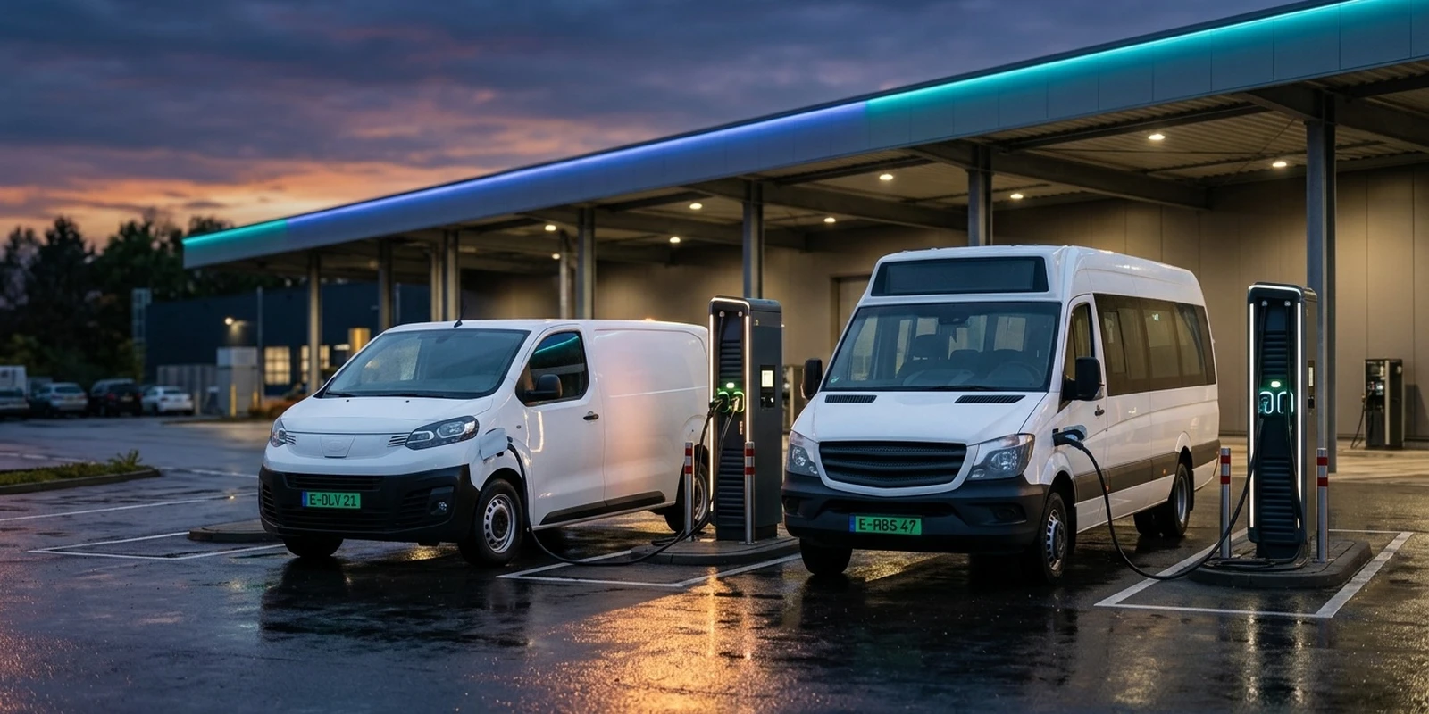 EV fleet tariff configuration: delivery van and minibus charging at a depot with green number plates at dusk